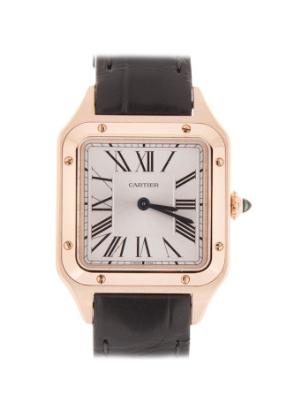 Cartier Santos Dumont Small 38 x 27mm Pink Gold Case Silver Dial Grey Crocodile Strap WGSA0022