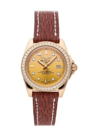Breitling Galactic Sleek Diamonds 32mm Pink Gold Case Golden Sun Dial Brown Leather Strap H7133053/H550