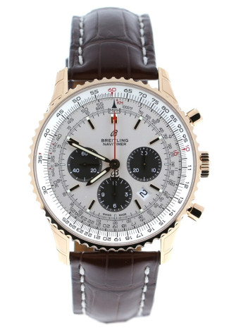 Breitling Navitimer 1 B01 Chronograph 46mm Red Gold Case Off-White Dial Brown Crocodile Strap RB0127121G1P1