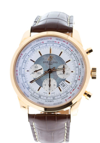 Breitling Transocean Chronograph Unitime 46mm Red Gold Case Silver Dial Black Crocodile Strap RB0510U0/A733