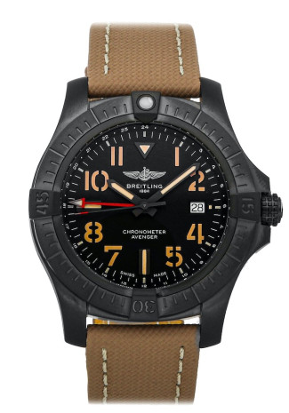 Breitling Avenger Automatic GMT 45mm Night Mission DLC-Coated Titanium case Black dial Beige Textile bracelet V32395101B1X1