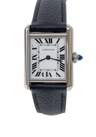 Cartier Tank Must Watch Small Quartz Steel Silver Dial Black Leather Strap WSTA0042 NEW