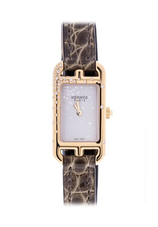Hermès Cape Cod Nantucket Small 17mm x 29mm 18K Rose gold case Silver Diamond dial Black Crocodile skin Bracelet 053710WW00