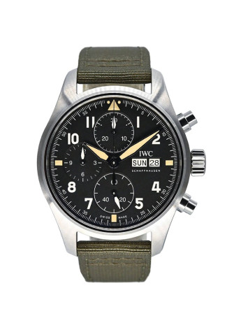 IWC Pilot's Watch Chronograph Spitfire 41mm Steel Case Black Dial Green Textile Strap IW387901