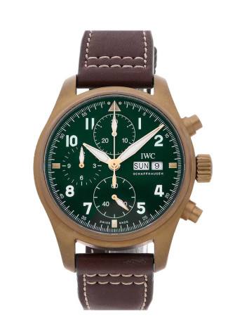 IWC Pilot's Watch Chronograph Spitfire 41mm Bronze Case Green Dial Brown Leather Strap IW387902