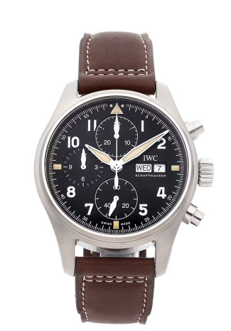 IWC Pilot's Watch Chronograph Spitfire 41mm Steel Case Black Dial Brown Leather Strap IW387903
