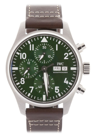IWC Pilot's Watch Chronograph 41mm steel green dial brown calfskin bracelet IW388103 NEW