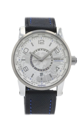Montblanc Timewalker World-Time Hemisphere Automatic 42mm Steel Case Silver Dial Leather Strap 108955