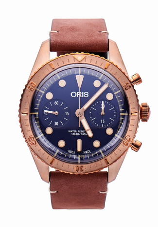 Oris Carl Brashear Chronograph 43mm Bronze Case Blue Dial Brown Leather Strap Limited Edition 01 771 7744 3185 LS 
