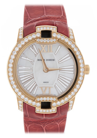 Roger Dubuis Velvet 36mm Pink Gold Case Diamond Bezel Mother of Pearl dial Red Leather strap RDDBVE0073 NEW