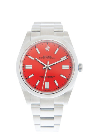 Rolex Oyster Perpetual 41mm Steel Case Turquoise Red Dial Oyster Bracelet 124300