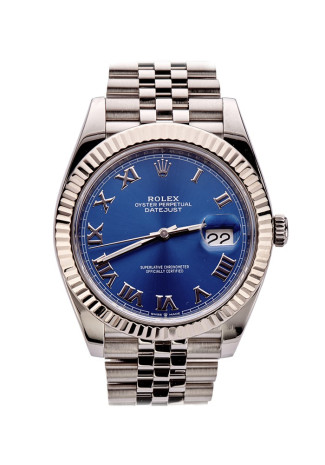 Rolex Datejust 41mm Steel & White Gold Case Fluted Bezel Blue Roman Dial Jubilee Bracelet 126334