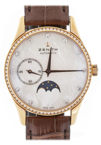 Zenith Heritage Ultra Thin Lady Moonphase 33mm 18 Kt Rose Gold mother of pearl dial brown crocodile bracelet 22.2310.692/81.C709